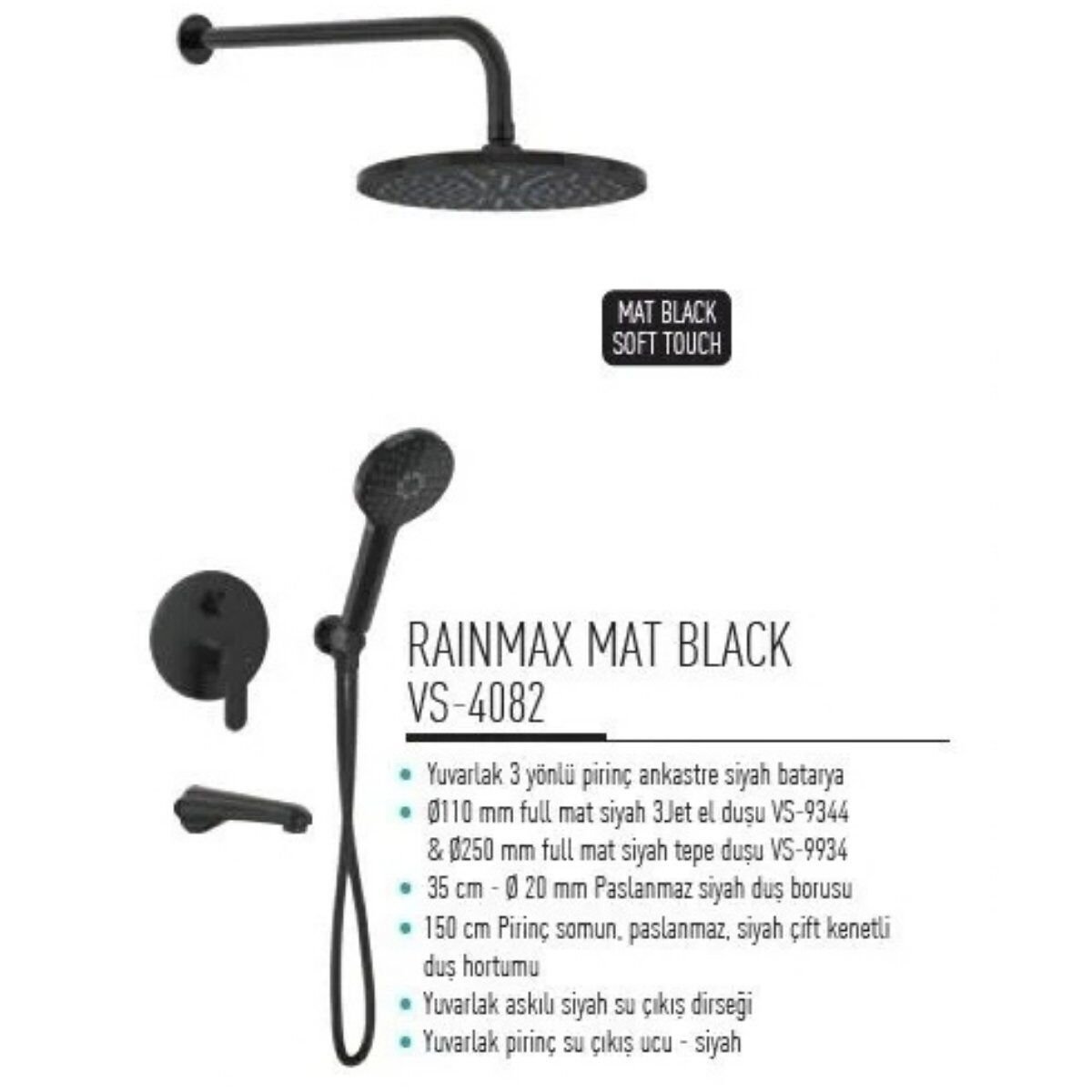 VALTEMO RAINMAX MAT BLACK 3 YÖNLÜ ANKASTRE DUŞ SETİ (vs-4082)